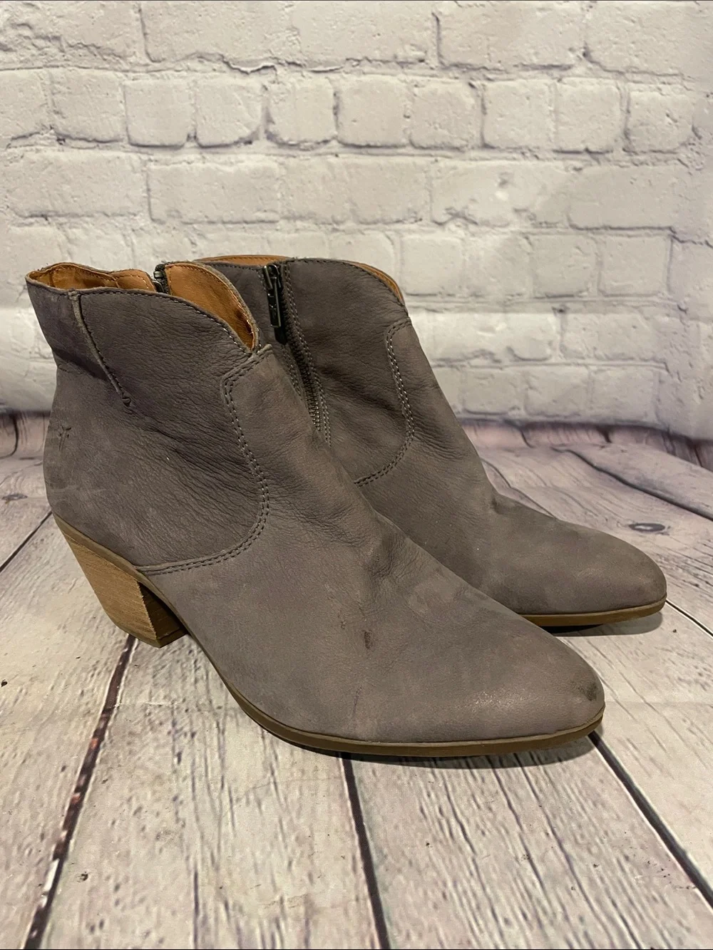 Frye Gray Suede Ankle Booties with Low Stacked Heel 9.5